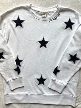 Shiraleah White Sweatshirt with Navy/Silver Metallic Star Appliqués